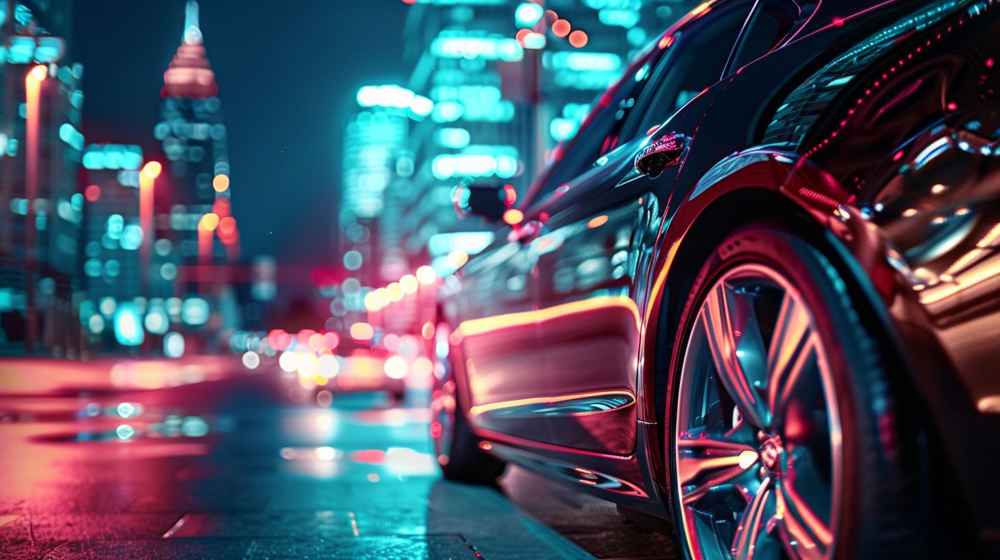 Luxury car shining amidst city lights in vibrant color.