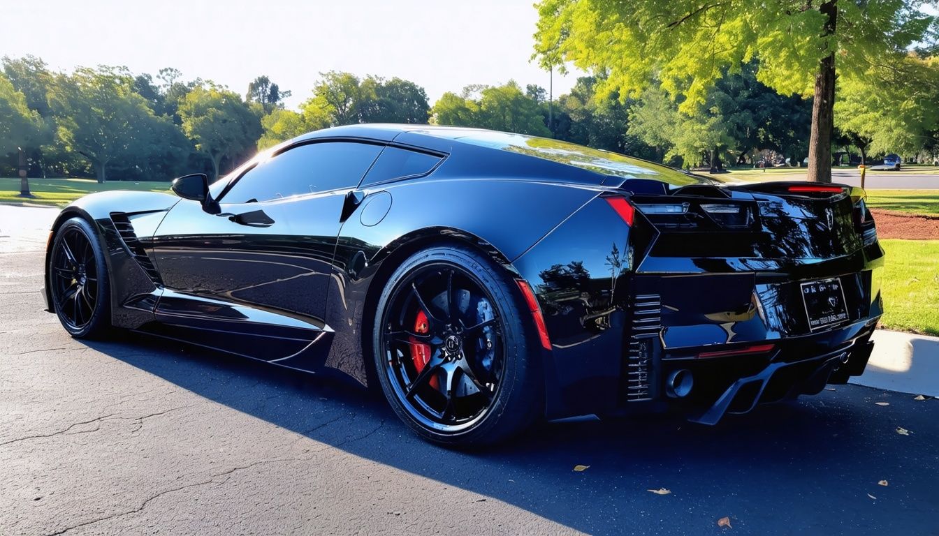 A sparkling black sports car after professional detailing service.