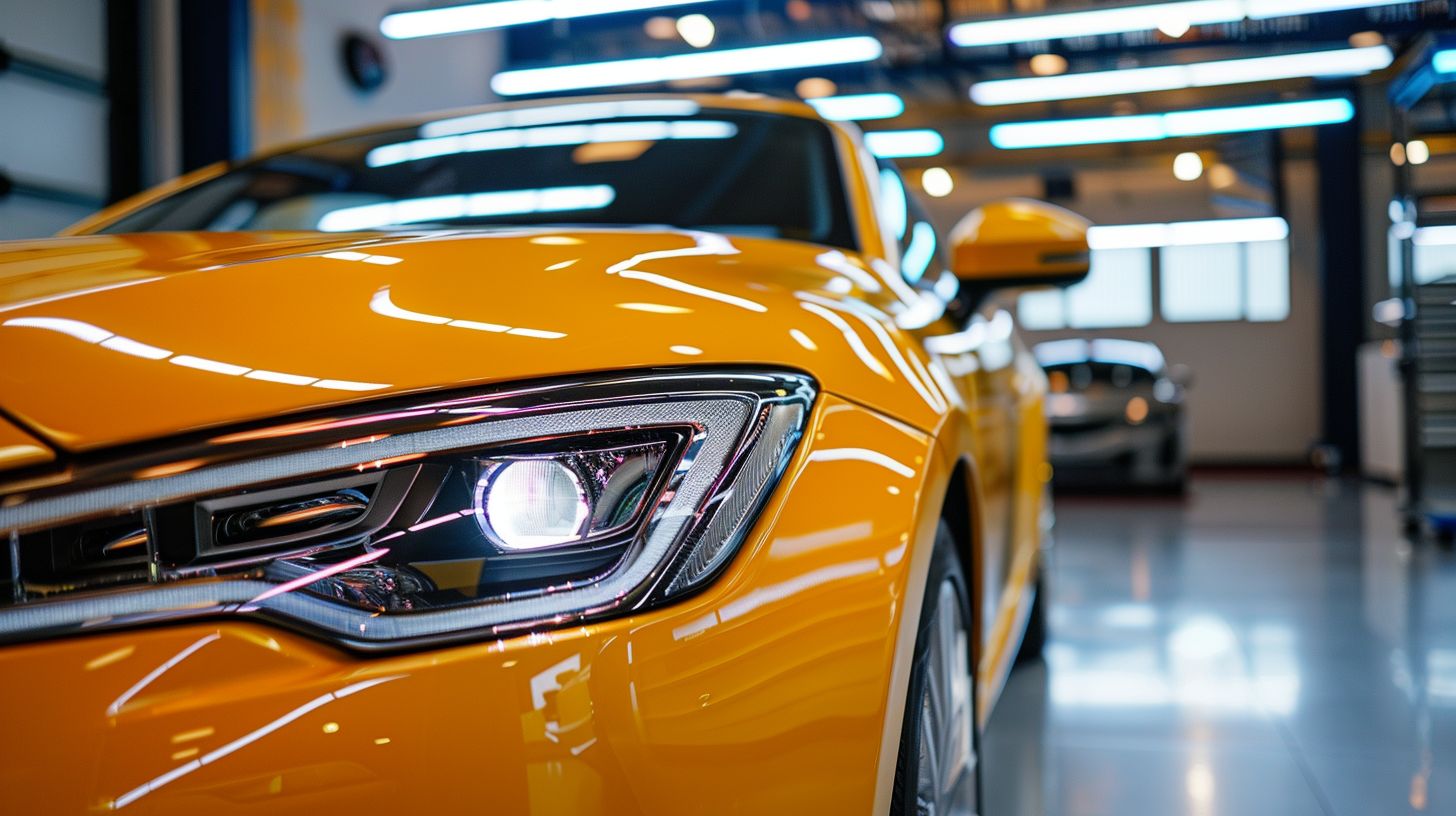 A shiny, clean car parked in a professional car detailing studio.