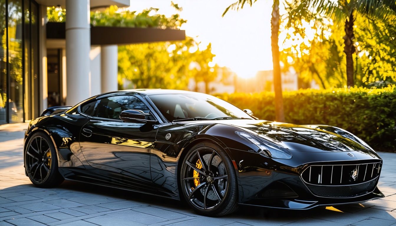 A black luxury car receiving meticulous detailing under the bright sun.