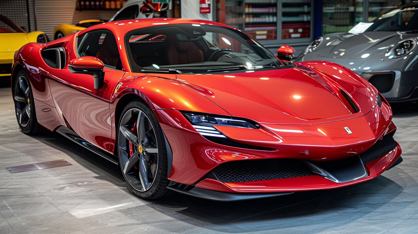 A scratched red Ferrari at an auto detailing shop.