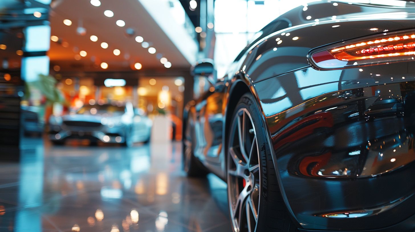 A luxury car is showcased in a bright showroom by a person.