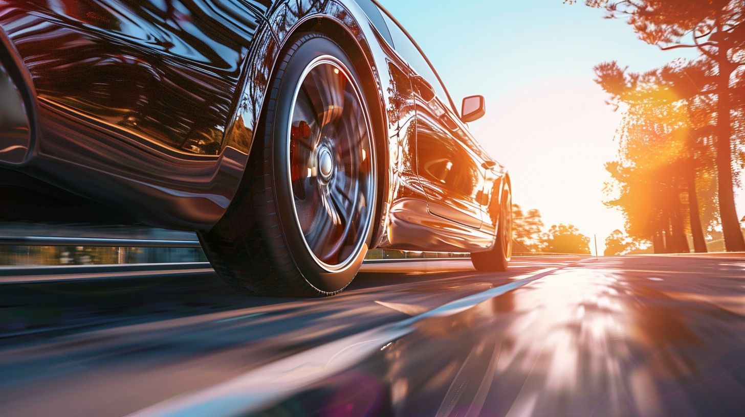 A shiny car under bright sunlight in a wide-angle shot.