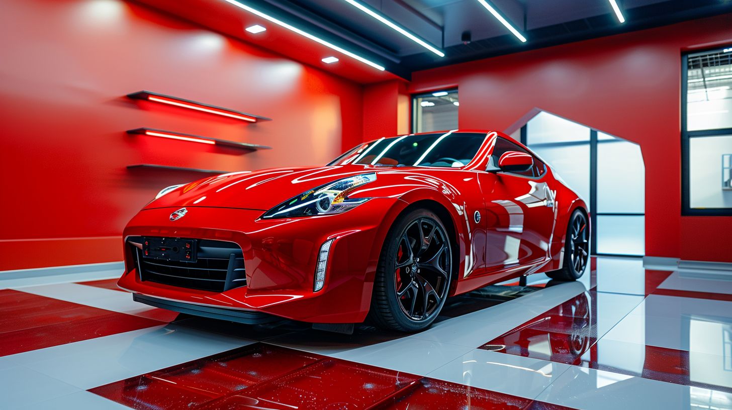 A clean and polished car parked in a spotless garage.