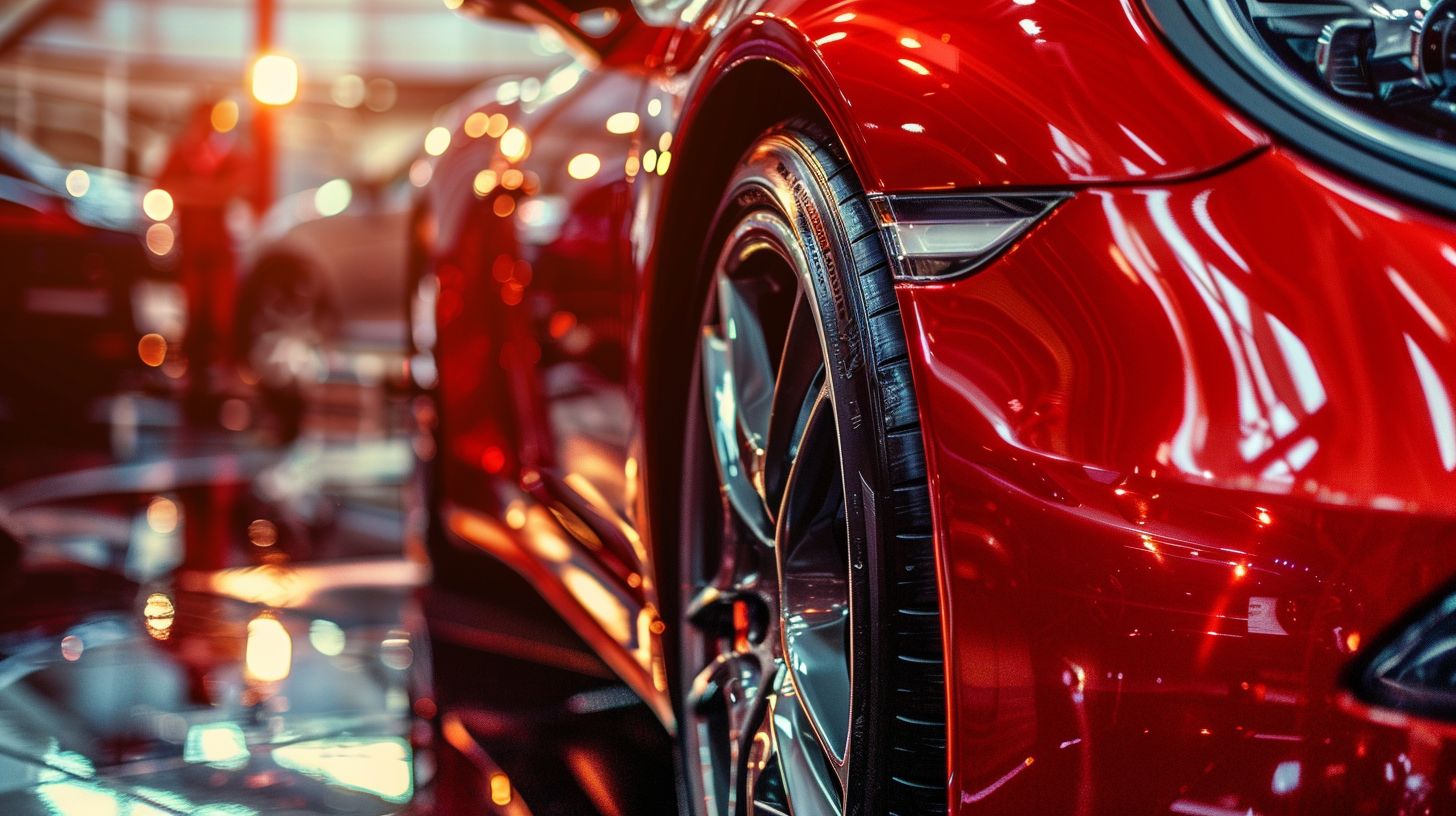 A shiny, polished car exterior with detailing tools in automotive photography.