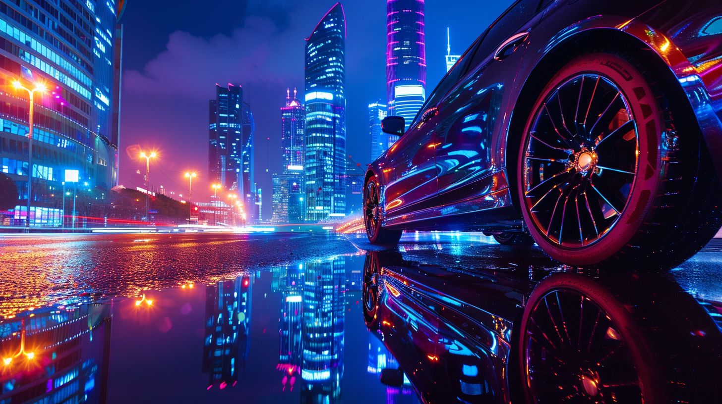 A shiny car in a cityscape, captured with a wide-angle lens.