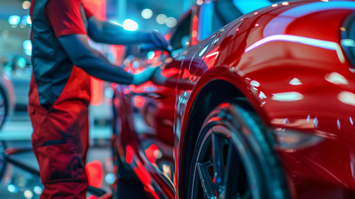 A professional detailer working on a shiny, polished car exterior.