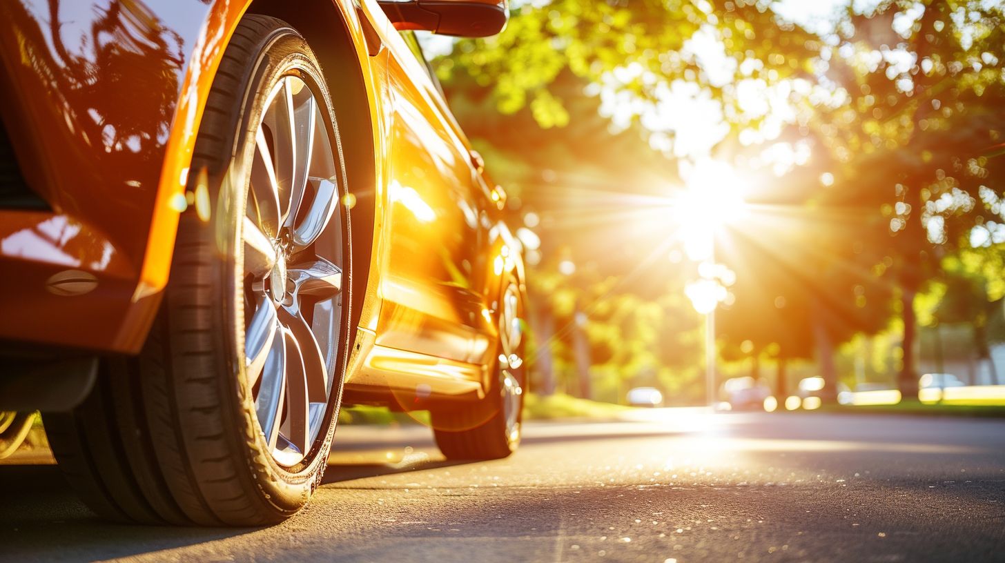 A shiny, waxed car illuminated by the bright sun.