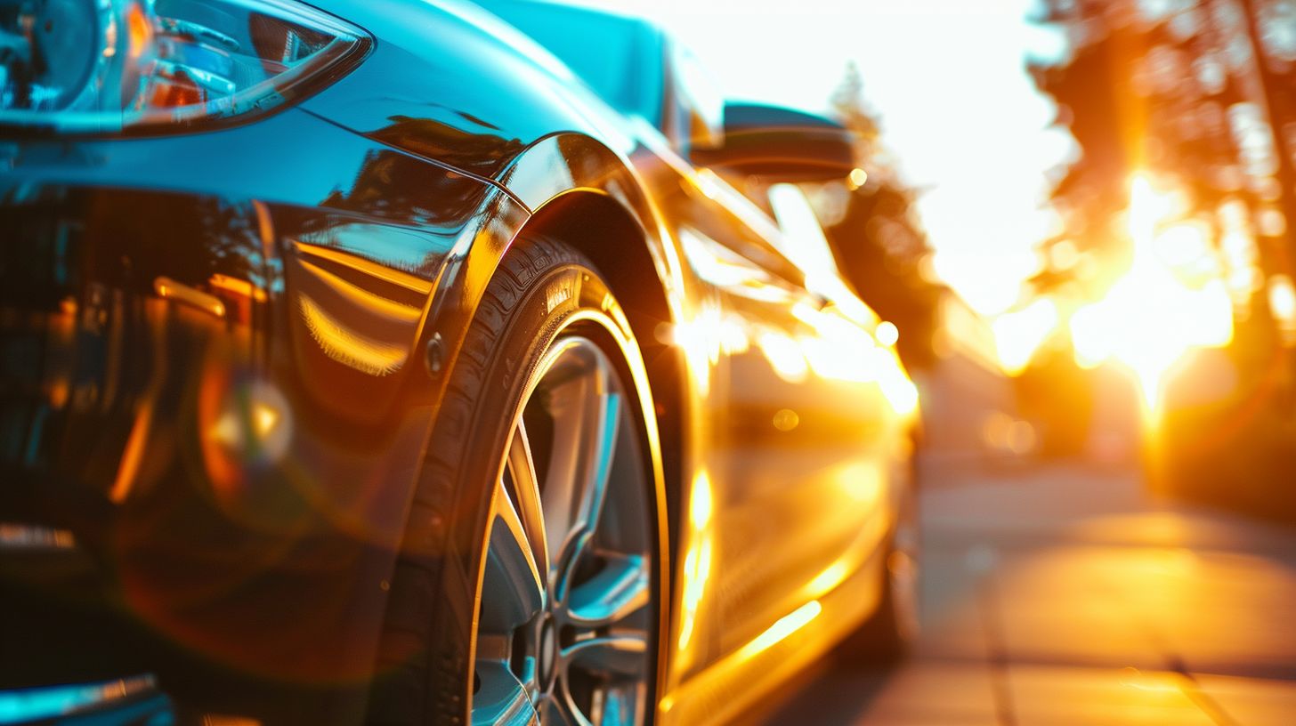 A shiny, waxed car illuminated by the bright sun.