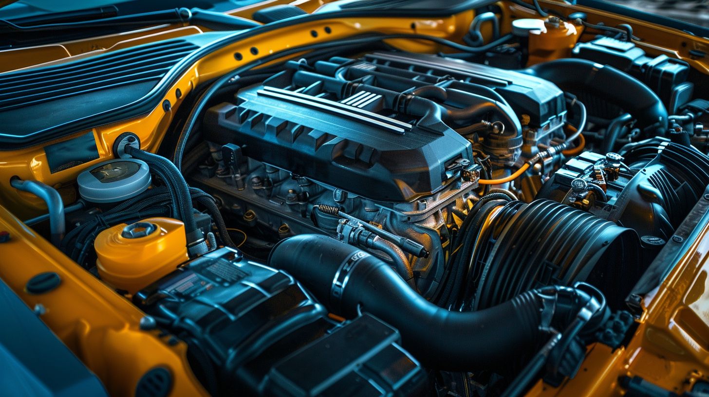 A well-maintained engine bay with protective products and tools.