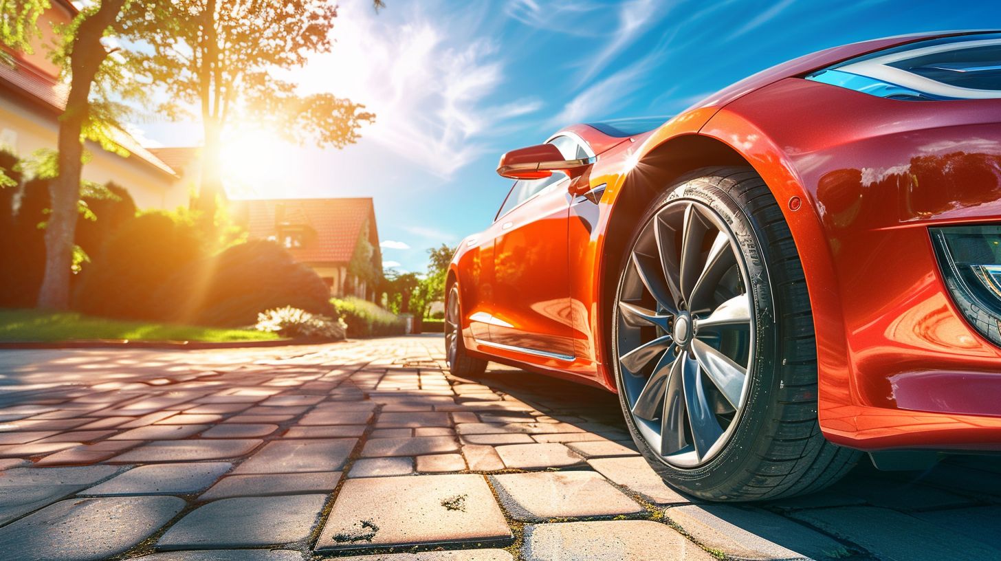 A newly cleaned car shining in the sun.