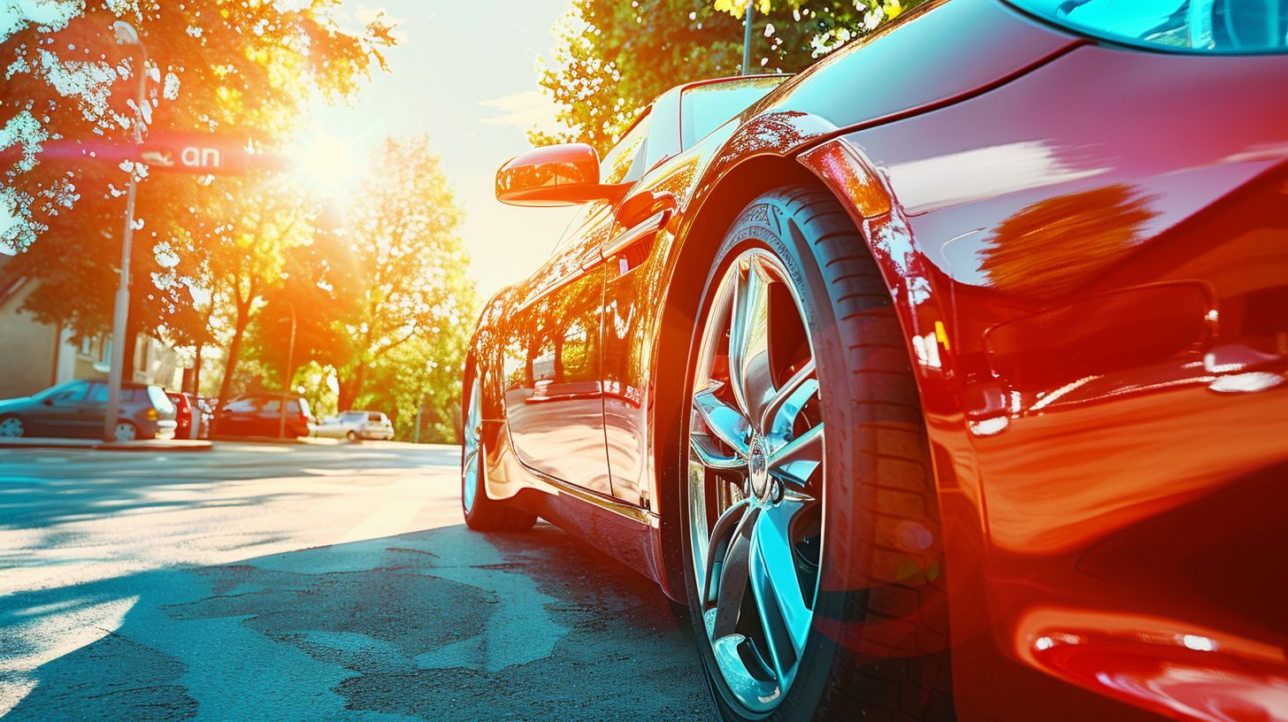 A newly cleaned car shining in the sun.