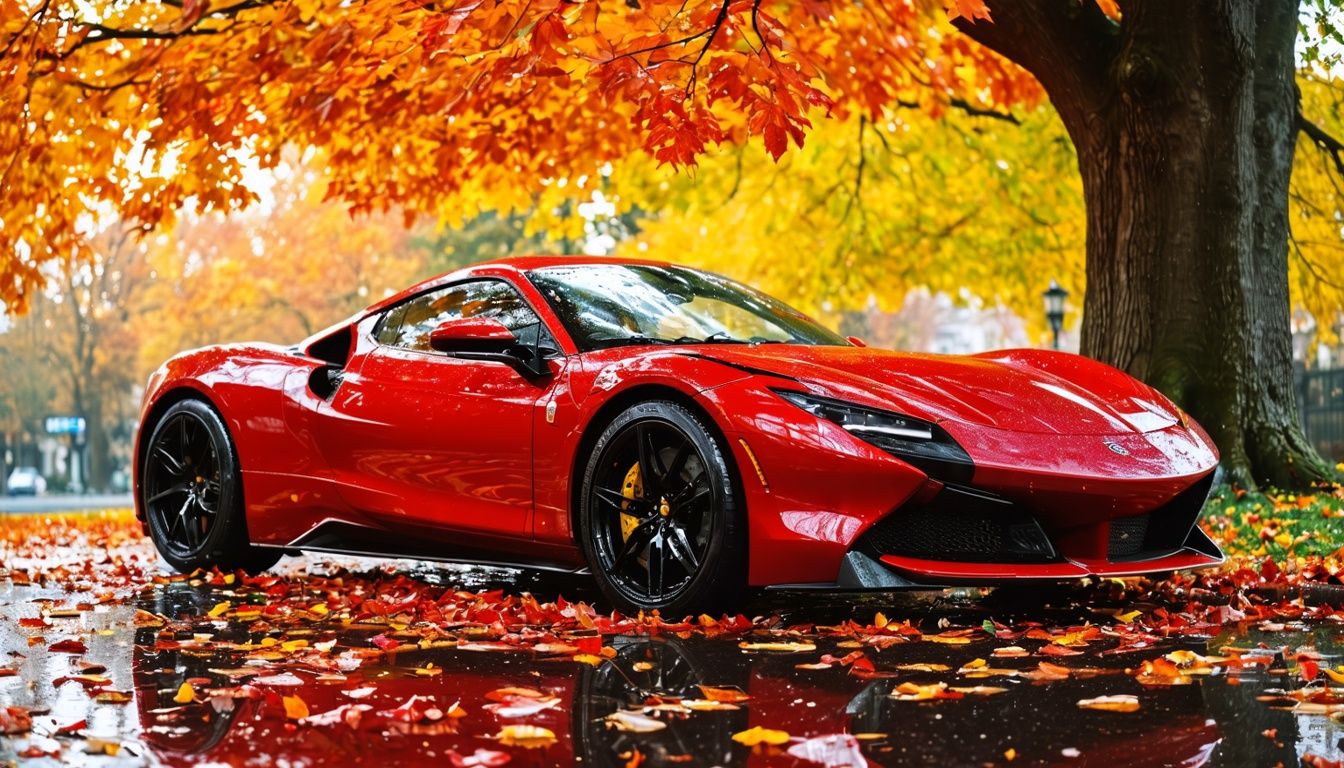 A shiny red sports car with water beading, surrounded by fallen leaves.