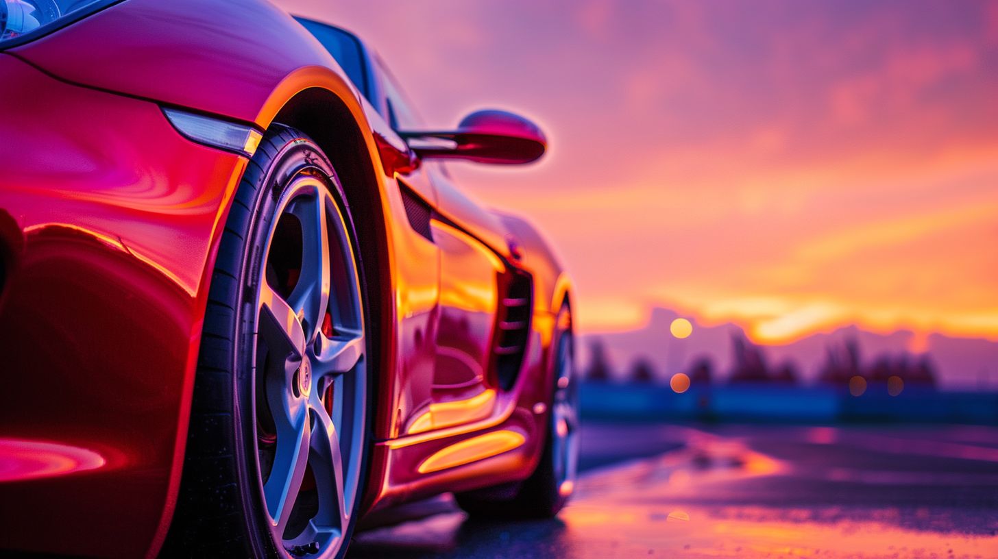 A shiny sports car captured with a wide-angle lens at dusk.