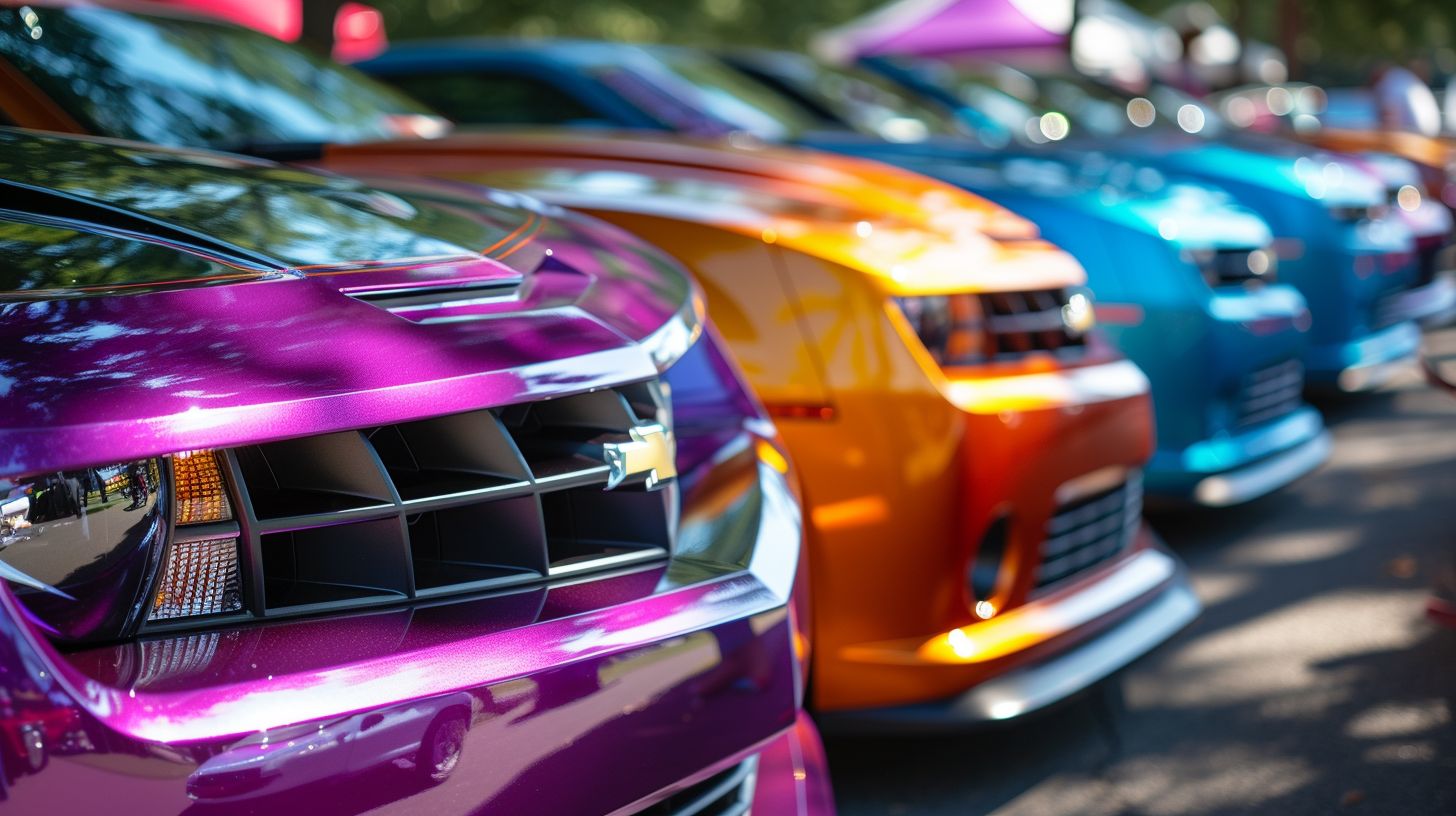 Vibrant, polished vehicles on display at local car show.
