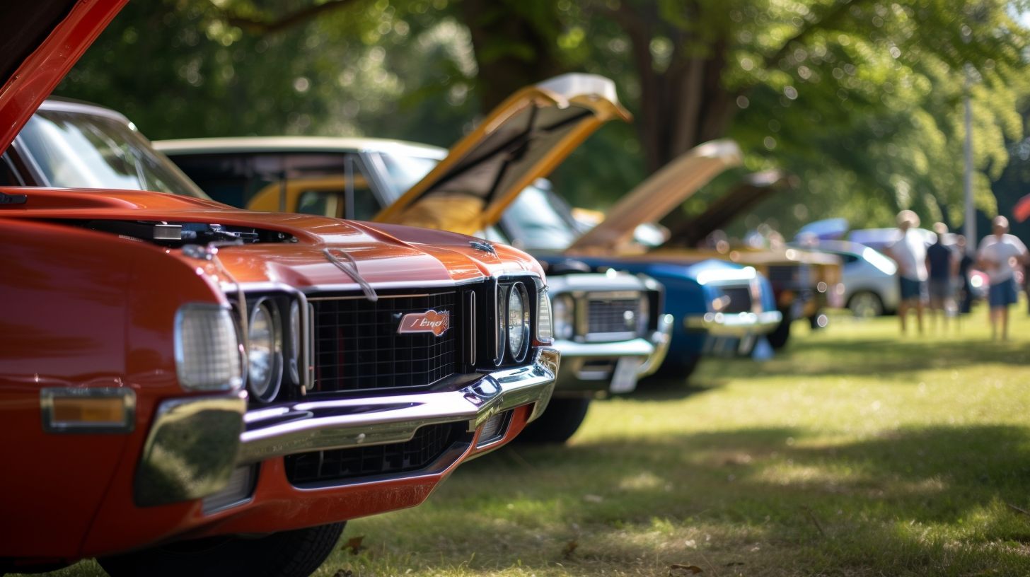 A community car show with a diverse range of vehicles and families.