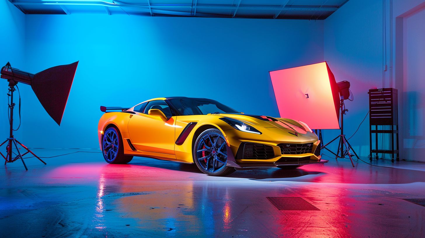 A sleek, shiny sports car being photographed in a studio.