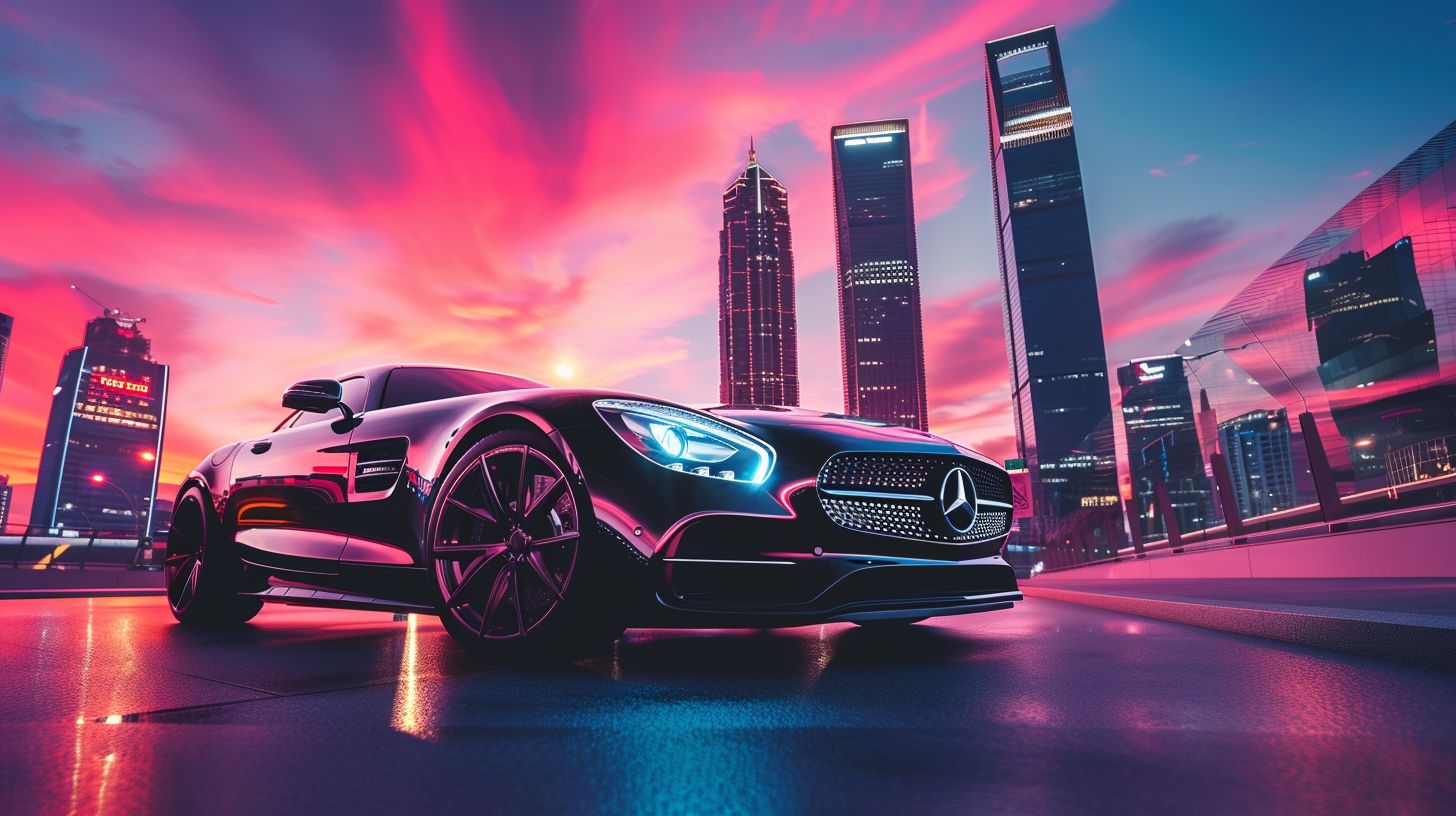 A luxury car parked in a vibrant cityscape.