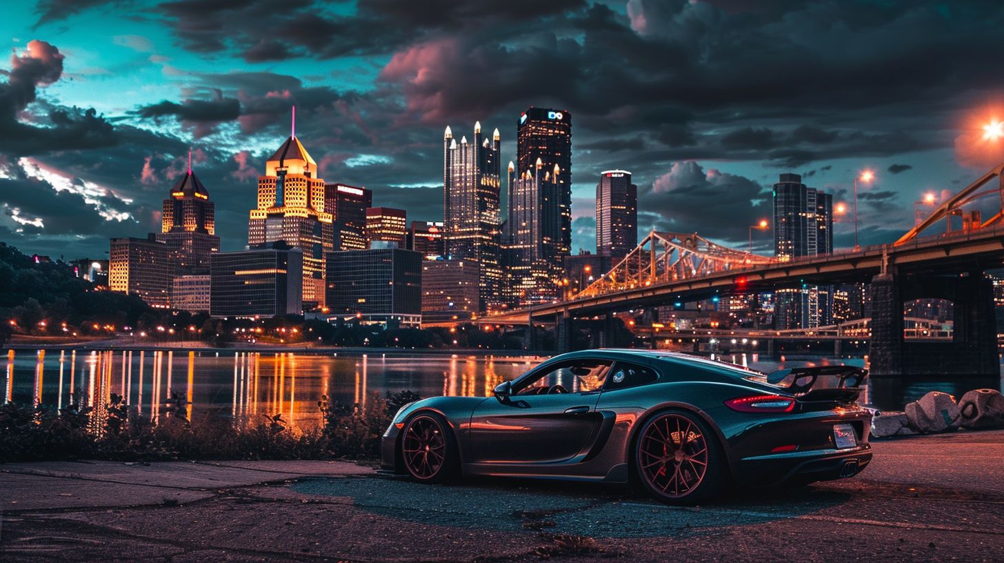 Exotic car with city skyline in background