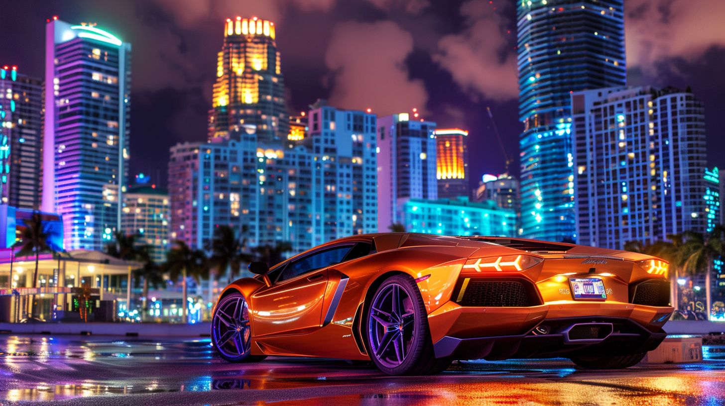 A shiny sports car parked in front of a vibrant city skyline.