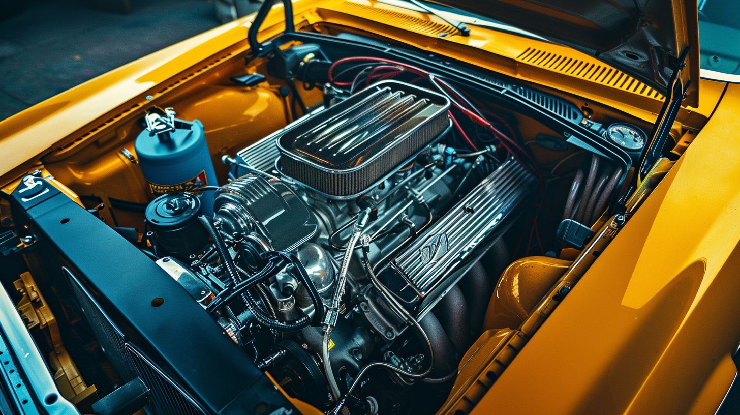 A well-maintained engine bay with protective products and tools.