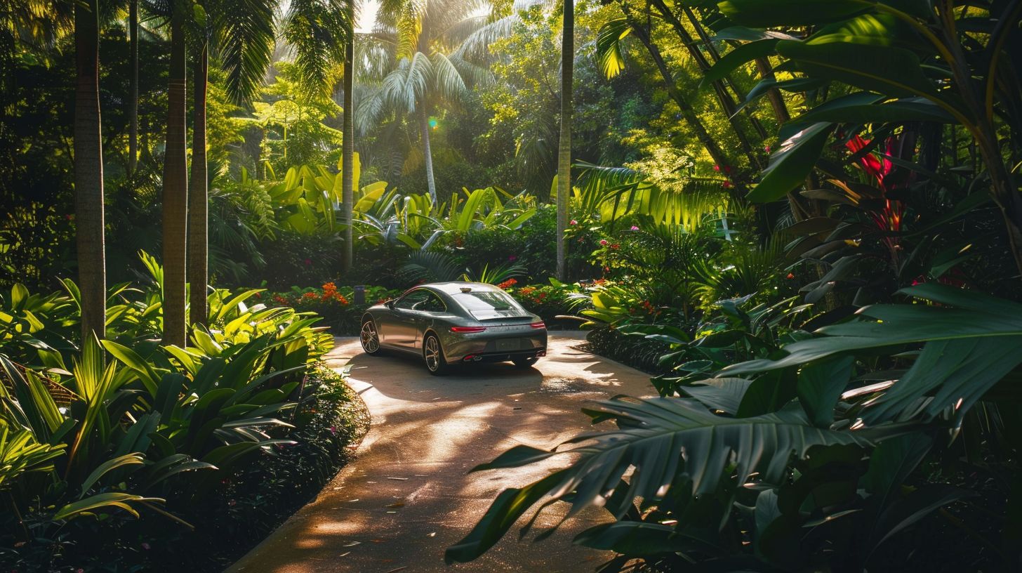 A shiny car surrounded by vibrant greenery in nature.
