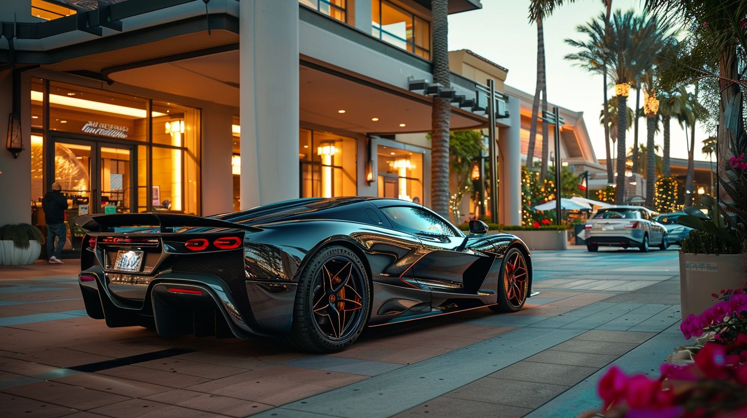 A sleek sports car parked in front of a luxury detailing shop.