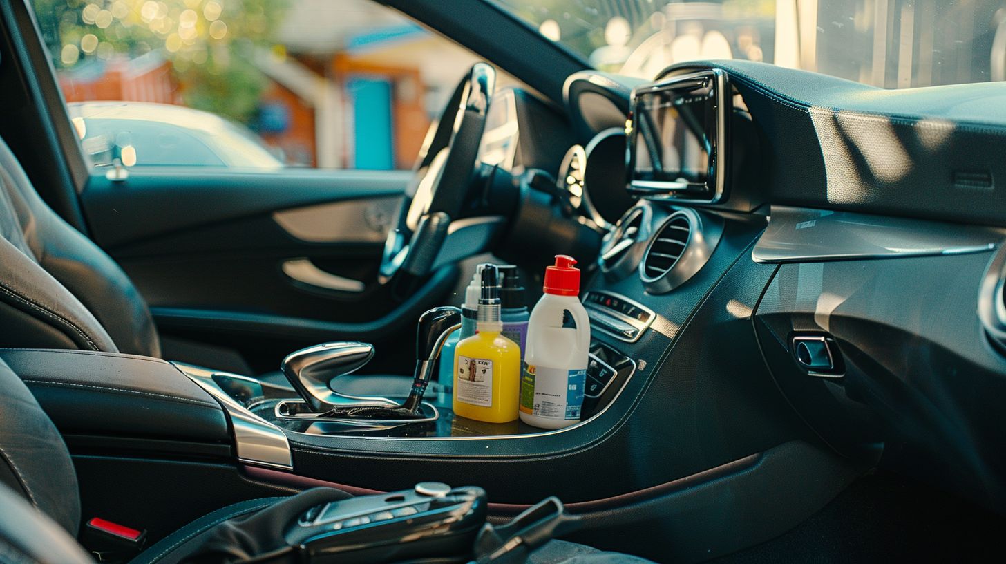 A tidy car interior with neatly arranged detailing products in a photograph.