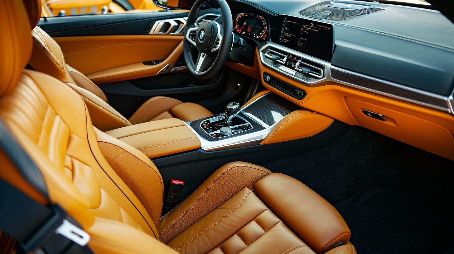 A car interior being meticulously detailed with vibrant color.