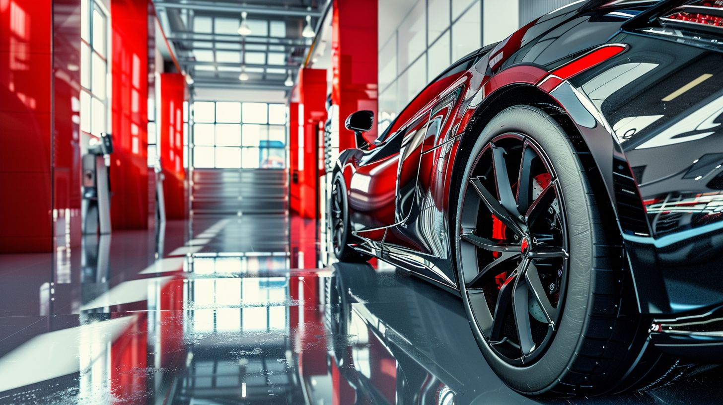 A shiny car in a bright detailing garage, shot with wide-angle lens.