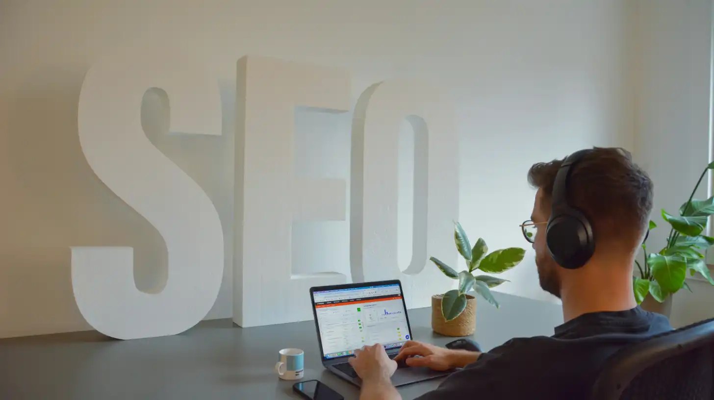 Guy on computer with SEO letters in background.