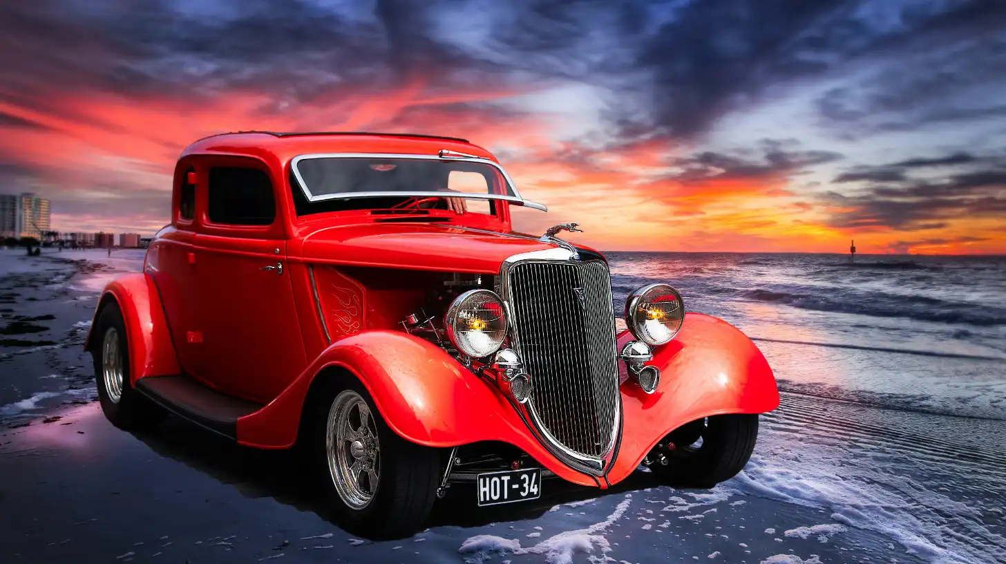 Red Ford Hotrod on Beach