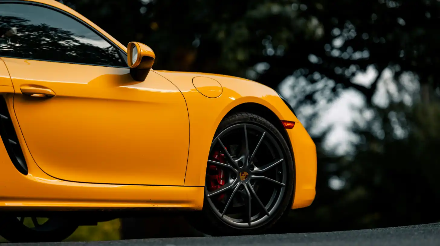 Orange yellow Porsche with black rims